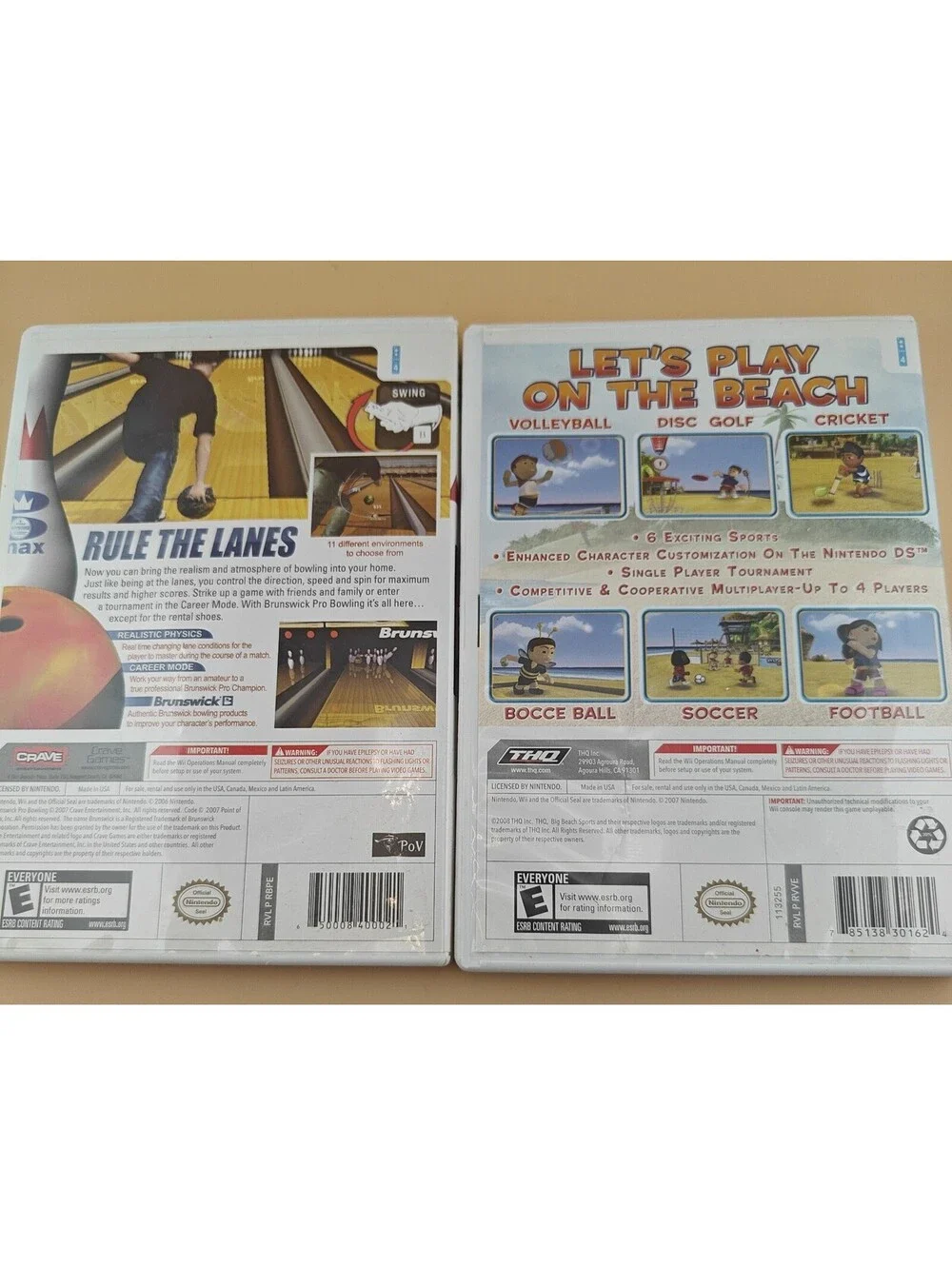 Brunswick Pro Bowling & Big Beach Sports Nintendo Wii 2-Game Lot With Manual